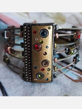 Vintage Mixed Metal Brass Tone Bezel Set Gemstones Rhinestones Cuff Bracelet